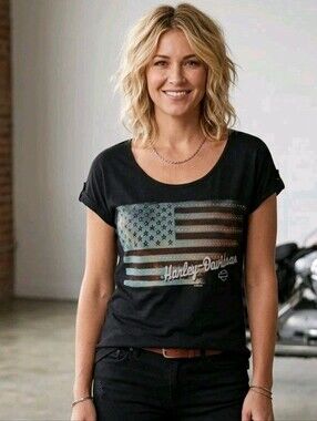 Women's M Black Harley Davidson T-shirt Rayon Scoop Neck Sparkle Flag Timm's SC